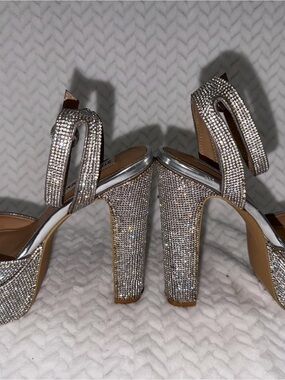 Steve Madden Silver Rhinestone Platform Heels